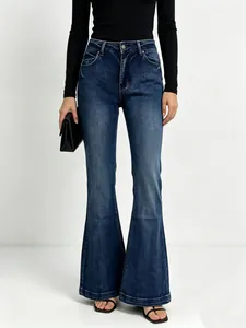 Women's high waist flared jeans in dark blue wash with slimming stretch denim fit