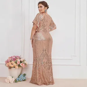 Elegant rose gold sequin evening dress with V-neck and floor-length mermaid silhouette