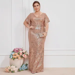 Elegant gold sequin evening dress with V-neck, butterfly sleeves and slim fit design