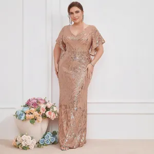 Elegant champagne gold sequin evening dress with V-neck and flared sleeves