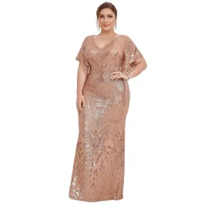 Elegant gold sequin evening dress with deep V-neck and geometric embroidery for banquets