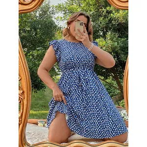 Women Casual Floral Print Ruffle Sleeve Midi Dress Elegant Round Neck Tie Waist A-Line Swing Party Plus Size Dress