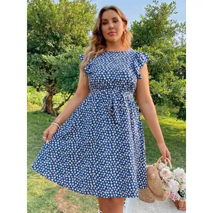 Plus size dark blue floral short sleeve dress with ruffle cuffs and drawstring waist