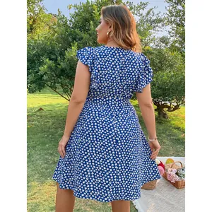 Royal blue plus size floral dress with ruffle sleeves and A-line silhouette for women