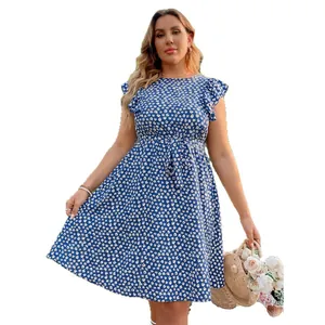 Blue summer plus size sleeveless dress with white floral print and ruffled sleeves
