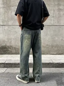 Jeans da uomo stile vintage lavato verde con vestibilità ampia e gamba dritta