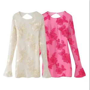 Robe Courte Sexy Dos Nu Applique Florale 3D Élégante Manches Cloche Col Rond Coupe Slim Robe de Soirée pour Mariage Événement