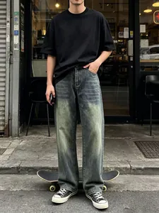 Jeans da uomo gamba dritta lavaggio retrò verde-grigio vestibilità comoda effetto vintage
