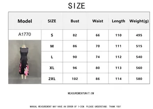 Size guide table for the floral sleeveless dress showing bust, waist, and length measurements