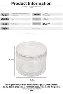 Detailed 350ml PET transparent storage jar specifications with dimensions and material