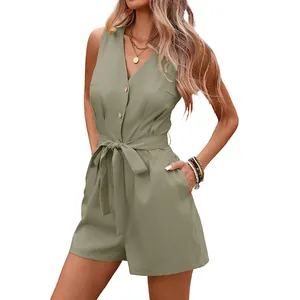 Chic olive green sleeveless V-neck romper with waist tie and button-down front