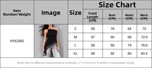 Größentabelle für asymmetrisches ärmelloses Spitzentop mit Maßen in Zentimetern