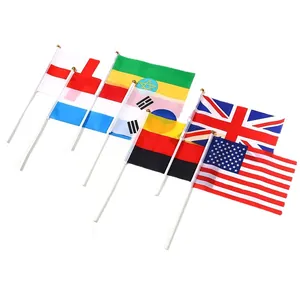 Set of international hand-held flags 14x21cm with white poles and gold caps