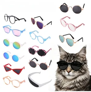Collage of various pet sunglasses for cats and dogs with diverse frame styles and colors