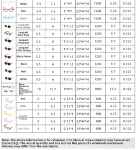 Size chart showing weight and dimensions for pet sunglasses in various styles