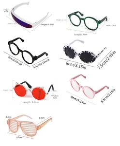 Detailed size chart for various colorful pet sunglasses with height and width measurements