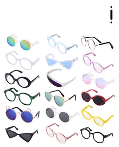 Detailed grid view of diverse colorful pet sunglasses in various shapes and frame styles