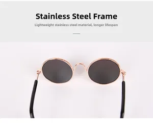 Detailed close-up of lightweight round stainless steel pet sunglasses with golden frames