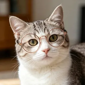 Cute tabby cat wearing rose gold round metal frame sunglasses for pets and small dogs