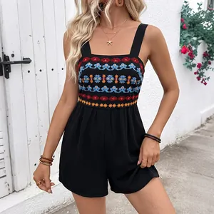Women Bohemian Ethnic Embroidery Sleeveless Romper Square Neck Smocked Back Summer Vacation Casual Polyester Jumpsuit