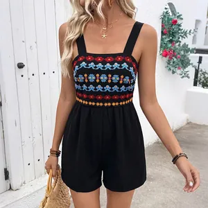 Women's sleeveless summer romper with bohemian floral embroidery and elastic waist
