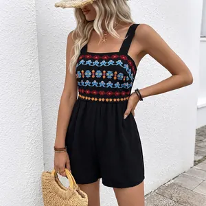 Bohemian sleeveless black romper with floral embroidery and square neck for summer vacations