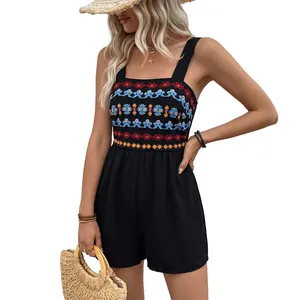Summer vacation black romper with colorful ethnic floral embroidery and square neckline