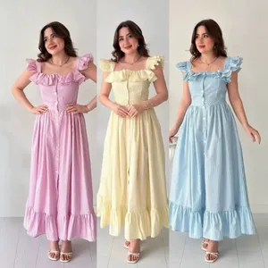 Robe Rayée à Volants Vintage Français pour Femme Col Carré Manches Volantes Taille Haute Boutonnée sur le Devant Robe Maxi Trapèze