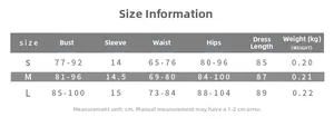 Detailed size guide table for women short sleeve slim fit floral printed mini dress