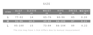 Detailed size chart for women's slim print mini dress showing S, M, and L measurements