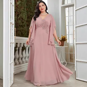 Elegant Chiffon Evening Gown V Neck Embroidered Beaded Flutter Sleeve Maxi Dress For Wedding Party Banquet Women Clothing