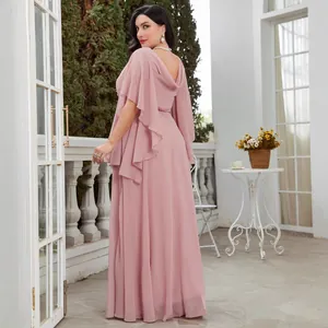 Elegant plus size chiffon evening gown with embroidery and cape sleeves in dusty pink