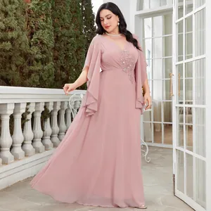Elegant dusty pink chiffon maxi dress with sequins, V-neck and butterfly sleeves