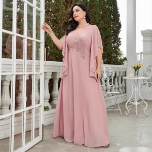 Elegant pink V-neck chiffon gown with floral embroidery and flowy cape sleeves