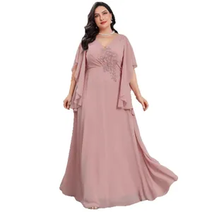 Elegant plus size chiffon evening gown in lotus pink with beaded floral embroidery