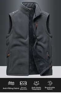 Detail of men's gray fleece vest showing anti-pilling fabric and zip pocket with cord