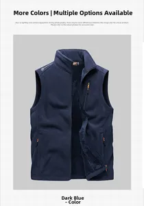 Detail view of the standing collar and thick fleece lining on the navy blue vest