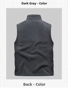 Back view of men's dark gray outdoor fleece vest with standing collar and warm texture