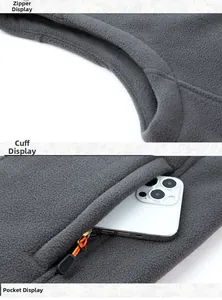Detailed views of gray fleece vest featuring zipper pockets and durable sleeve cuffs