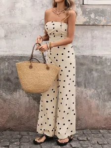 Detail of vintage polka dot strapless jumpsuit with waist-defining fit and wide legs