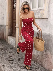 Close-up of wine red polka dot strapless jumpsuit with vintage wide-leg pants