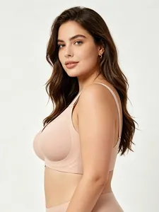Macro detail of seamless wire-free V-neck bra showing wide side wings and soft elastic fabric