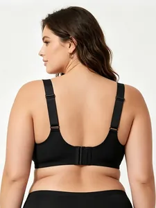Detailed back view of black plus size wire-free V-neck bra with wide U-back design