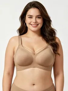 Macro detail of seamless nude plus size V-neck wireless bra with wide straps
