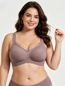 Front view of a grey-purple wire-free V-neck bra with breathable mesh insert and wide straps