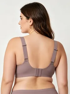 Detail view of seamless wire-free V-neck bra with adjustable straps and U-shaped back