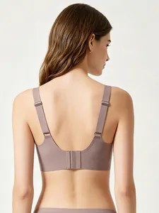 U-shaped back detail of seamless mauve bra with wide straps and 3-row hook closure