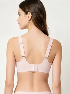 Detail showing seamless back design of U-shaped soft wireless bra with adjustable straps