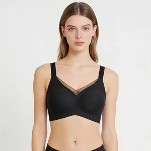 Women's black wireless V-neck bra with sheer mesh trim and wide straps for comfort