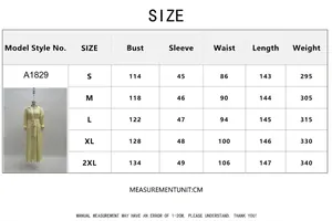 Size chart table with dimensions for solid color pleated French style maxi dress
